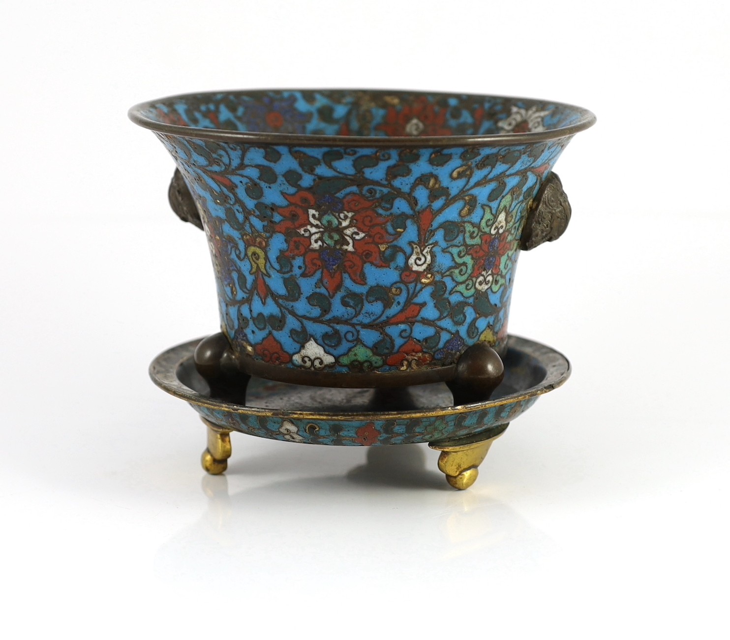 A Chinese Ming cloisonné enamel and bronze tripod censer and associated tripod stand, 16th/17th century, 26.8cm diameter